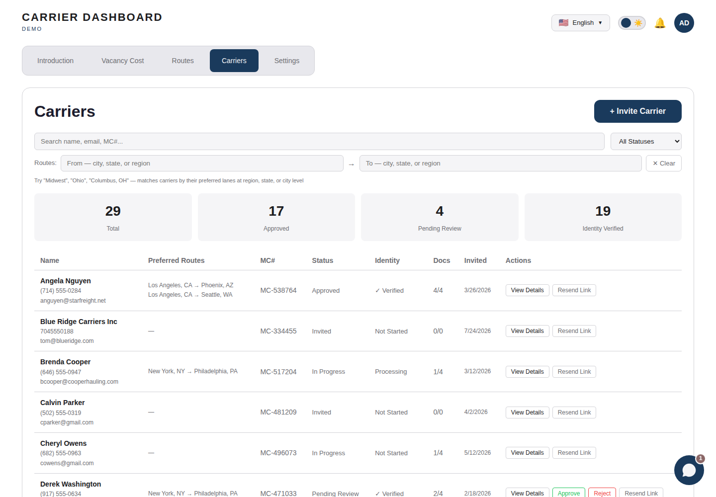Purple Squirrel AI compliance dashboard showing carrier list with status, identity verification, and document counts