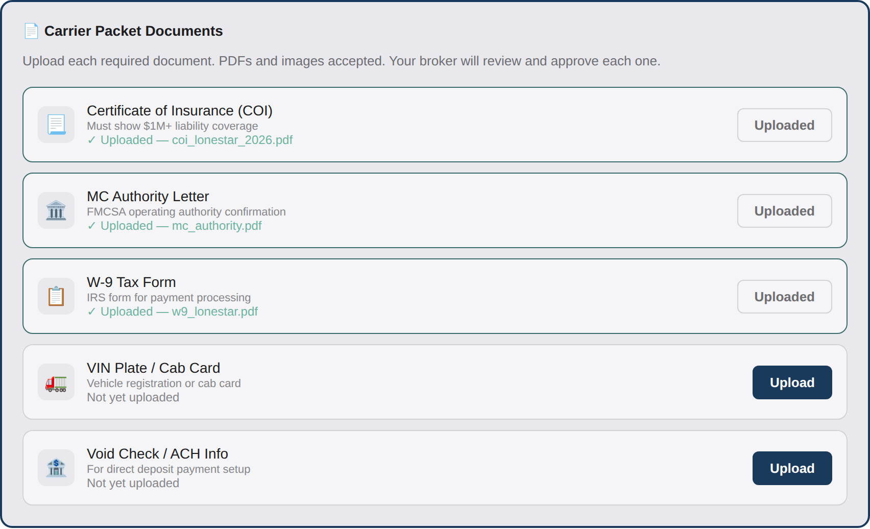 Carrier portal document checklist for COI, MC authority, W-9, and VIN plate