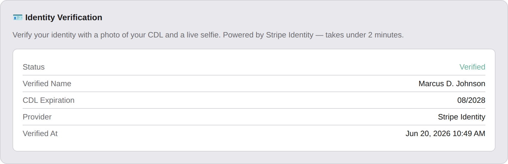 Carrier portal identity verification step showing verified status